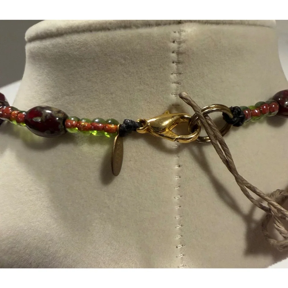 Teresa Goodall Chunky Artisan Bead Necklace Red Green Bronze Statement Jewelry
